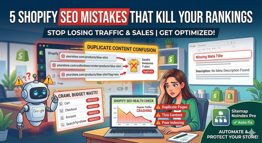 A graphic illustrating common Shopify SEO mistakes, showing a stressed store owner looking at dropping traffic while warning signs highlight duplicate content, missing meta titles, and a wasted crawl budget.